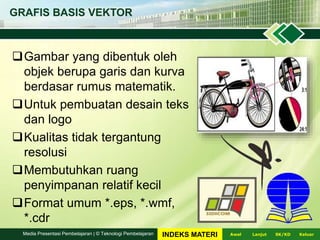 GRAFIS BASIS VEKTOR
Gambar yang dibentuk oleh
objek berupa garis dan kurva
berdasar rumus matematik.
Untuk pembuatan desain teks
dan logo
Kualitas tidak tergantung
resolusi
Membutuhkan ruang
penyimpanan relatif kecil
Format umum *.eps, *.wmf,
*.cdr
LanjutAwal KeluarSK/KDMedia Presentasi Pembelajaran | © Teknologi Pembelajaran INDEKS MATERI
 