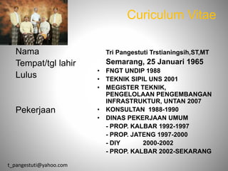 Curiculum Vitae
Nama
Tempat/tgl lahir
Lulus
Pekerjaan
Tri Pangestuti Trstianingsih,ST,MT
Semarang, 25 Januari 1965
• FNGT UNDIP 1988
• TEKNIK SIPIL UNS 2001
• MEGISTER TEKNIK,
PENGELOLAAN PENGEMBANGAN
INFRASTRUKTUR, UNTAN 2007
• KONSULTAN 1988-1990
• DINAS PEKERJAAN UMUM
- PROP. KALBAR 1992-1997
- PROP. JATENG 1997-2000
- DIY 2000-2002
- PROP. KALBAR 2002-SEKARANG
t_pangestuti@yahoo.com
 