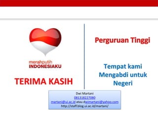 TERIMA KASIH
Tempat kami
Mengabdi untuk
Negeri
Dwi Martani
081318227080
martani@ui.ac.id atau dwimartani@yahoo.com
http://staff.blog.ui.ac.id/martani/
 
