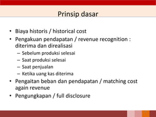 Prinsip dasar
• Biaya historis / historical cost
• Pengakuan pendapatan / revenue recognition :
diterima dan direalisasi
– Sebelum produksi selesai
– Saat produksi selesai
– Saat penjualan
– Ketika uang kas diterima
• Pengaitan beban dan pendapatan / matching cost
again revenue
• Pengungkapan / full disclosure
14
 