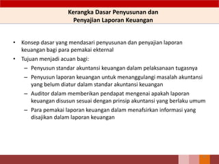 Kerangka Dasar Penyusunan dan
Penyajian Laporan Keuangan
• Konsep dasar yang mendasari penyusunan dan penyajian laporan
keuangan bagi para pemakai ekternal
• Tujuan menjadi acuan bagi:
– Penyusun standar akuntansi keuangan dalam pelaksanaan tugasnya
– Penyusun laporan keuangan untuk menanggulangi masalah akuntansi
yang belum diatur dalam standar akuntansi keuangan
– Auditor dalam memberikan pendapat mengenai apakah laporan
keuangan disusun sesuai dengan prinsip akuntansi yang berlaku umum
– Para pemakai laporan keuangan dalam menafsirkan informasi yang
disajikan dalam laporan keuangan
18
 