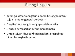 Ruang Lingkup
• Kerangka dasar mengatur laporan keuangan untuk
tujuan umum (general purposes)
• Disajikan sekurang-kurangnya setahun sekali
• Disusun berdasarkan kebutuhan pemakai
• Untuk tujuan khusus  perpajakan, prospektus
diluar kerangka dasar ini
20
 