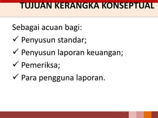 TUJUAN KERANGKA KONSEPTUAL
38
Sebagai acuan bagi:
 Penyusun standar;
 Penyusun laporan keuangan;
 Pemeriksa;
 Para pengguna laporan.
 