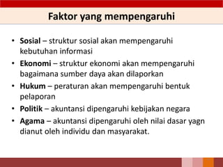 Faktor yang mempengaruhi
• Sosial – struktur sosial akan mempengaruhi
kebutuhan informasi
• Ekonomi – struktur ekonomi akan mempengaruhi
bagaimana sumber daya akan dilaporkan
• Hukum – peraturan akan mempengaruhi bentuk
pelaporan
• Politik – akuntansi dipengaruhi kebijakan negara
• Agama – akuntansi dipengaruhi oleh nilai dasar yagn
dianut oleh individu dan masyarakat.
4
 