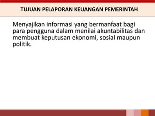 TUJUAN PELAPORAN KEUANGAN PEMERINTAH
Menyajikan informasi yang bermanfaat bagi
para pengguna dalam menilai akuntabilitas dan
membuat keputusan ekonomi, sosial maupun
politik.
45
 