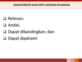KARAKTERISTIK KUALITATIF LAPORAN KEUANGAN
 Relevan;
 Andal;
 Dapat dibandingkan; dan
 Dapat dipahami
48
 