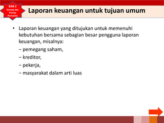Laporan keuangan untuk tujuan umum
• Laporan keuangan yang ditujukan untuk memenuhi
kebutuhan bersama sebagian besar pengguna laporan
keuangan, misalnya:
− pemegang saham,
− kreditor,
− pekerja,
− masyarakat dalam arti luas
66
BAB 2
Konsep dan
Prinsip
Pervasive
 