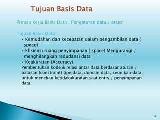Prinsip kerja Basis Data : Pengaturan data / arsip
Tujuan Basis Data :
• Kemudahan dan kecepatan dalam pengambilan data (
speed)
• Efisiensi ruang penyimpanan ( space) Mengurangi /
menghilangkan redudansi data
• Keakuratan (Accuracy)
Pembentukan kode & relasi antar data berdasar aturan /
batasan (constraint) tipe data, domain data, keunikan data,
untuk menekan ketidakakuratan saat entry / penyimpanan
data.
14
 