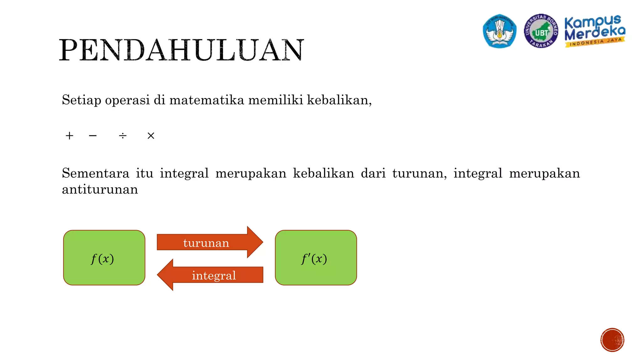 Setiap operasi di matematika memiliki kebalikan,
+ − ÷ ×
Sementara itu integral merupakan kebalikan dari turunan, integral merupakan
antiturunan
𝑓(𝑥) 𝑓′(𝑥)
turunan
integral
 
