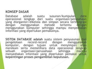 KONSEP DASAR
Database adalah suatu susunan/kumpulan data
operasional lengkap dari suatu organisasi/perusahaan
yang diorganisir/dikelola dan simpan secara terintegrasi
dengan menggunakan metode tertentu dengan
menggunakan komputer sehingga mampu menyediakan
informasi yang diperlukan pemakainya.
SISTEM DATABASE adalah suatu sistem penyusunan dan
pengelolaan record-record dengan menggunakan
komputer, dengan tujuan untuk menyimpan atau
merekam serta memelihara data operasional lengkap
sebuah organisasi/perusahaan sehingga mampu
menyediakan informasi yang diperlukan pemakai untuk
kepentingan proses pengambilan keputusan.
 