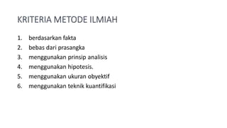 1. berdasarkan fakta
2. bebas dari prasangka
3. menggunakan prinsip analisis
4. menggunakan hipotesis.
5. menggunakan ukuran obyektif
6. menggunakan teknik kuantifikasi
 