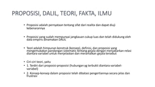 • Proposisi adalah pernyataan tentang sifat dari realita dan dapat diuji
kebenarannya
• Proposisi yang sudah mempunyai jangkauan cukup luas dan telah didukung oleh
data empiris dinamakan DALIL
• Teori adalah himpunan konstruk (konsep), definisi, dan proposisi yang
mengemukakan pandangan sistematis tentang gejala dengan menjabarkan relasi
diantara variabel untuk menjelaskan dan meramalkan gejala tersebut
• Ciri-ciri teori, yaitu
• 1. Terdiri dari proposisi-proposisi (hubungan yg terbukti diantara variabel-
variabel)
• 2. Konsep-konsep dalam proposisi telah dibatasi pengertiannya secara jelas dan
frustrasi
 