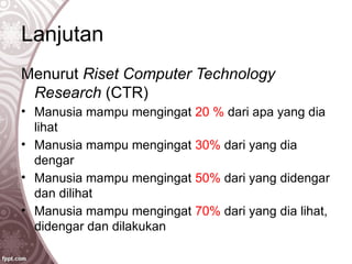 Lanjutan
Menurut Riset Computer Technology
Research (CTR)
• Manusia mampu mengingat 20 % dari apa yang dia
lihat
• Manusia mampu mengingat 30% dari yang dia
dengar
• Manusia mampu mengingat 50% dari yang didengar
dan dilihat
• Manusia mampu mengingat 70% dari yang dia lihat,
didengar dan dilakukan
 