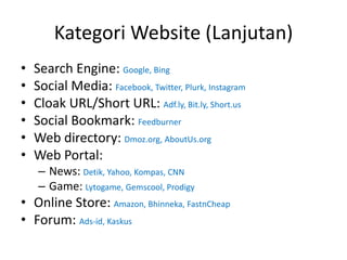 Kategori Website (Lanjutan)
• Search Engine: Google, Bing
• Social Media: Facebook, Twitter, Plurk, Instagram
• Cloak URL/Short URL: Adf.ly, Bit.ly, Short.us
• Social Bookmark: Feedburner
• Web directory: Dmoz.org, AboutUs.org
• Web Portal:
– News: Detik, Yahoo, Kompas, CNN
– Game: Lytogame, Gemscool, Prodigy
• Online Store: Amazon, Bhinneka, FastnCheap
• Forum: Ads-id, Kaskus
 