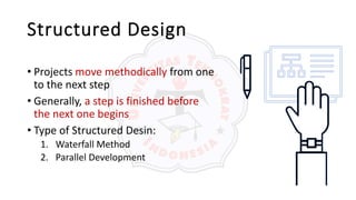 Structured Design
• Projects move methodically from one
to the next step
• Generally, a step is finished before
the next one begins
• Type of Structured Desin:
1. Waterfall Method
2. Parallel Development
 