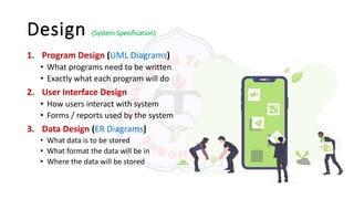 Design (System Specification)
1. Program Design (UML Diagrams)
• What programs need to be written
• Exactly what each program will do
2. User Interface Design
• How users interact with system
• Forms / reports used by the system
3. Data Design (ER Diagrams)
• What data is to be stored
• What format the data will be in
• Where the data will be stored
 