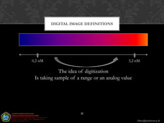 DIGITAL IMAGE DEFINITIONS




0,2 nM                                       3,2 nM

             The idea of digitization
 Is taking sample of a range or an analog value




                      21

                                                  Aditya@poltekom.ac.id
 