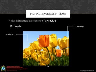 DIGITAL IMAGE DEFINITIONS

  A pixel contain these information : a (x, y, z, l, t)

    Z = depth                                             bottom

surface




                                             28

                                                             Aditya@poltekom.ac.id
 