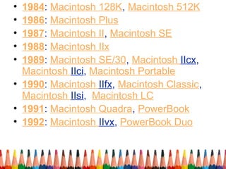 • 1984: Macintosh 128K, Macintosh 512K
• 1986: Macintosh Plus
• 1987: Macintosh II, Macintosh SE
• 1988: Macintosh IIx
• 1989: Macintosh SE/30, Macintosh IIcx,
Macintosh IIci, Macintosh Portable
• 1990: Macintosh IIfx, Macintosh Classic,
Macintosh IIsi, Macintosh LC
• 1991: Macintosh Quadra, PowerBook
• 1992: Macintosh IIvx, PowerBook Duo
 