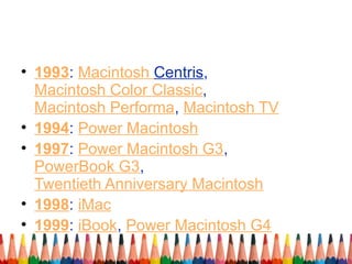 • 1993: Macintosh Centris,
Macintosh Color Classic,
Macintosh Performa, Macintosh TV
• 1994: Power Macintosh
• 1997: Power Macintosh G3,
PowerBook G3,
Twentieth Anniversary Macintosh
• 1998: iMac
• 1999: iBook, Power Macintosh G4
 