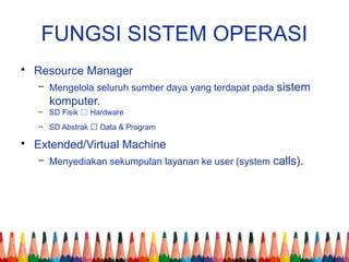 FUNGSI SISTEM OPERASI
• Resource Manager
– Mengelola seluruh sumber daya yang terdapat pada sistem
komputer.
– SD Fisik Hardware
– SD Abstrak Data & Program
• Extended/Virtual Machine
– Menyediakan sekumpulan layanan ke user (system calls).
 