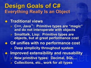 Design Goals of C#
Everything Really Is an Object
 Traditional views
 C++, Java™: Primitive types are “magic”
and do not interoperate with objects
 Smalltalk, Lisp: Primitive types are
objects, but at great performance cost
 C# unifies with no performance cost
 Deep simplicity throughout system
 Improved extensibility and reusability
 New primitive types: Decimal, SQL…
 Collections, etc., work for all types
 