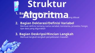 20
1. Bagian Kepala (Header)
Memuat nama dan informasi tentang algoritma yang dibuat
2. Bagian Deklarasi/Definisi Variabel
Memuat definisi tentang nama variabel, konstanta, prosedur, fungsi,
tipe data yang digunakan
3. Bagian Deskripsi/Rincian Langkah
Memuat langkah-langkah penyelesaian masalah
Struktur
Algoritma
 