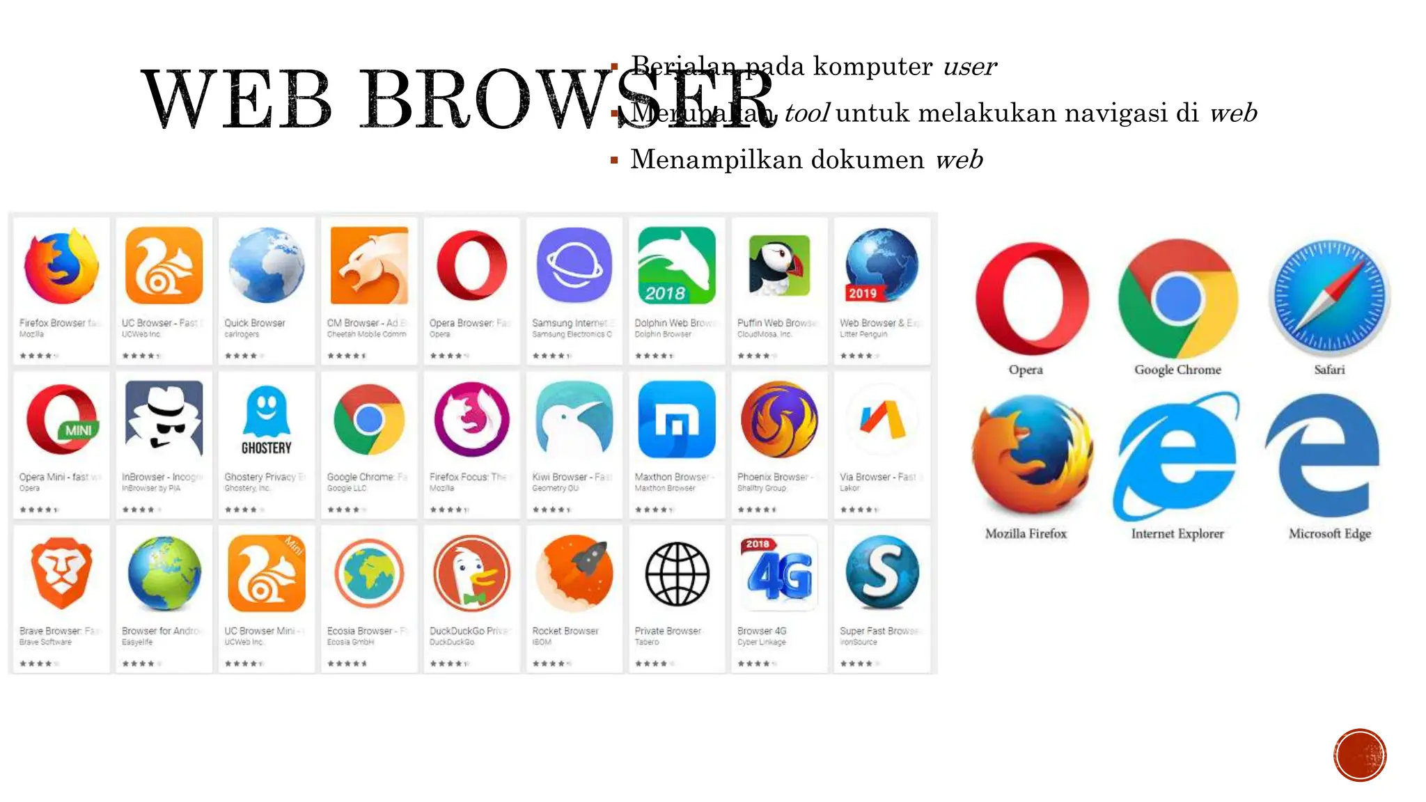  Berjalan pada komputer user
 Merupakan tool untuk melakukan navigasi di web
 Menampilkan dokumen web
 