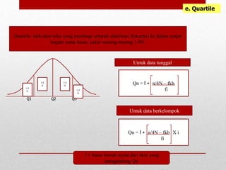 e. Quartile
Quartile: titik/skor/nilai yang membagi seluruh distribusi frekuensi ke dalam empat
bagian sama besar, yakni masing-masing 1/4N.
Q2 Q3
Q1
1/4
N
1/4
N
1/4
N
1/4
N
Qn = l + n/4N – fkb
fi
Qn = l + n/4N – fkb X i
fi
Untuk data tunggal
Untuk data berkelompok
l = batas bawah nyata dari skor yang
mengandung Qn
 
