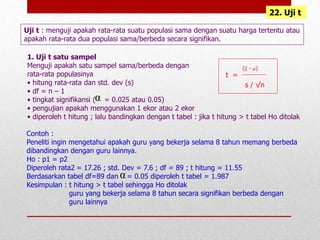 22. Uji t
Uji t : menguji apakah rata-rata suatu populasi sama dengan suatu harga tertentu atau
apakah rata-rata dua populasi sama/berbeda secara signifikan.
1. Uji t satu sampel
Menguji apakah satu sampel sama/berbeda dengan
rata-rata populasinya
• hitung rata-rata dan std. dev (s)
• df = n – 1
• tingkat signifikansi ( = 0.025 atau 0.05)
• pengujian apakah menggunakan 1 ekor atau 2 ekor
• diperoleh t hitung ; lalu bandingkan dengan t tabel : jika t hitung > t tabel Ho ditolak
t =
( - )
s / √n
α
Contoh :
Peneliti ingin mengetahui apakah guru yang bekerja selama 8 tahun memang berbeda
dibandingkan dengan guru lainnya.
Ho : p1 = p2
Diperoleh rata2 = 17.26 ; std. Dev = 7.6 ; df = 89 ; t hitung = 11.55
Berdasarkan tabel df=89 dan = 0.05 diperoleh t tabel = 1.987
Kesimpulan : t hitung > t tabel sehingga Ho ditolak
guru yang bekerja selama 8 tahun secara signifikan berbeda dengan
guru lainnya
α
 