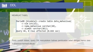DDL
MEMBUAT TABEL
Pada contoh diatas, query OK menyatakan bahwa pembuatan tabel dengan nama data
mahasiswa berhasil dibuat
 
