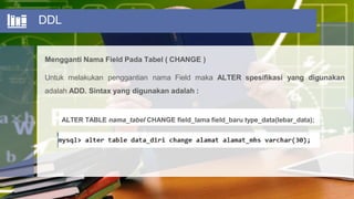 DDL
Mengganti Nama Field Pada Tabel ( CHANGE )
Untuk melakukan penggantian nama Field maka ALTER spesifikasi yang digunakan
adalah ADD. Sintax yang digunakan adalah :
ALTER TABLE nama_tabel CHANGE field_lama field_baru type_data(lebar_data);
 