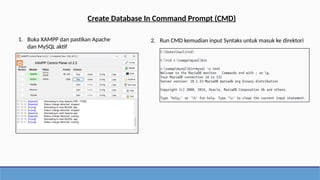 2. Run CMD kemudian input Syntaks untuk masuk ke direktori
Create Database In Command Prompt (CMD)
1. Buka XAMPP dan pastikan Apache
dan MySQL aktif
 
