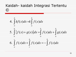 Kaidah- kaidah Integrasi Tertentu
©

 





bc
a
b
c
b
a
b
a
b
a
b
a
b
a
dxxfdxxfdxxf
dxxgdxxfdxxgxf
dxxfkdxxkf
)()()(.6
)()()()(.5
)()(.4
18
 