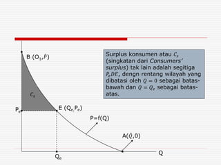 B (O1, 𝑃)
𝐶𝑠
Pe
E (Qe,Pe)
P=f(Q)
A( 𝑄,0)
Qe
Q
Surplus konsumen atau 𝐶𝑠
(singkatan dari Consumers’
surplus) tak lain adalah segitiga
𝑃𝑒 𝐷𝐸, dengn rentang wilayah yang
dibatasi oleh 𝑄 = 0 sebagai batas-
bawah dan 𝑄 = 𝑄 𝑒 sebagai batas-
atas.
 