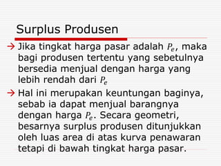 Surplus Produsen
 Jika tingkat harga pasar adalah 𝑃𝑒, maka
bagi produsen tertentu yang sebetulnya
bersedia menjual dengan harga yang
lebih rendah dari 𝑃𝑒
 Hal ini merupakan keuntungan baginya,
sebab ia dapat menjual barangnya
dengan harga 𝑃𝑒. Secara geometri,
besarnya surplus produsen ditunjukkan
oleh luas area di atas kurva penawaran
tetapi di bawah tingkat harga pasar.
 