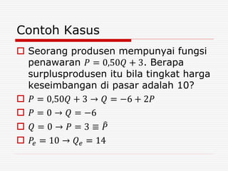 Contoh Kasus
 Seorang produsen mempunyai fungsi
penawaran 𝑃 = 0,50𝑄 + 3. Berapa
surplusprodusen itu bila tingkat harga
keseimbangan di pasar adalah 10?
 𝑃 = 0,50𝑄 + 3 → 𝑄 = −6 + 2𝑃
 𝑃 = 0 → 𝑄 = −6
 𝑄 = 0 → 𝑃 = 3 ≡ 𝑃
 𝑃𝑒 = 10 → 𝑄 𝑒 = 14
 