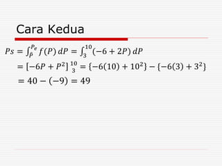 Cara Kedua
𝑃𝑠 = 𝑃
𝑃𝑒
𝑓(𝑃) 𝑑𝑃 = 3
10
(−6 + 2𝑃) 𝑑𝑃
= −6𝑃 + 𝑃2 10
3
= −6 10 + 102 − −6 3 + 32}
= 40 − −9 = 49
 