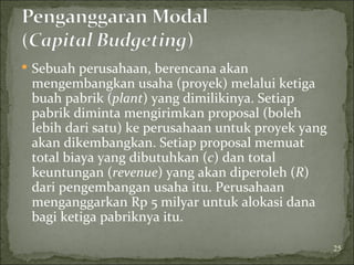  Sebuah perusahaan, berencana akan
mengembangkan usaha (proyek) melalui ketiga
buah pabrik (plant) yang dimilikinya. Setiap
pabrik diminta mengirimkan proposal (boleh
lebih dari satu) ke perusahaan untuk proyek yang
akan dikembangkan. Setiap proposal memuat
total biaya yang dibutuhkan (c) dan total
keuntungan (revenue) yang akan diperoleh (R)
dari pengembangan usaha itu. Perusahaan
menganggarkan Rp 5 milyar untuk alokasi dana
bagi ketiga pabriknya itu.
25
 