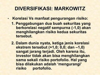 DIVERSIFIKASI: MARKOWITZ
• Korelasi Vs manfaat pengurangan risiko:
1. Penggabungan dua buah sekuritas yang
berkorelasi negatif sempurna (-1,0) akan
menghilangkan risiko kedua sekuritas
tersebut.
2. Dalam dunia nyata, ketiga jenis korelasi
ekstrem tersebut (+1,0; 0,0; dan –1,0)
sangat jarang terjadi. Oleh karena itu,
investor tidak akan bisa menghilangkan
sama sekali risiko portofolio. Hal yang
bisa dilakukan adalah ‘mengurangi’
risiko portofolio.
 
