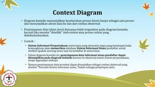 Context Diagram
• Diagram konteks menunjukkan keseluruhan proses bisnis hanya sebagai satu proses
dan menunjukkan aliran data ke dan dari entitas eksternal
• Penyimpanan data (data store) biasanya tidak tergambar pada diagram konteks,
kecuali jika mereka "dimiliki" oleh sistem atau proses selain yang
didokumentasikan.
• Contoh :
• Sistem Informasi Perpustakaan universitas yang mencatat siapa yang meminjam buku
kemungkinan akan memeriksa database Sistem Informasi Siswa pendaftar untuk
melihat apakah seorang siswa saat ini terdaftar di universitas.
• Dalam diagram konteks ini, penyimpanan data informasi siswa pendaftar dapat
ditampilkan pada diagram konteks karena itu eksternal untuk sistem perpustakaan,
tetapi digunakan olehnya.
• Namun penyimpanan data tersebut dapat ditunjukkan sebagai entitas eksternal yang
disebut "Pencatat Sistem informasi siswa, ”bukan sebagai penyimpan data.
 