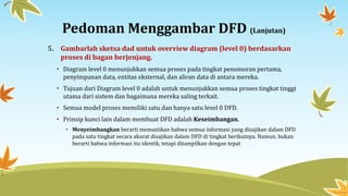 Pedoman Menggambar DFD (Lanjutan)
5. Gambarlah sketsa dad untuk overview diagram (level 0) berdasarkan
proses di bagan berjenjang.
• Diagram level 0 menunjukkan semua proses pada tingkat penomoran pertama,
penyimpanan data, entitas eksternal, dan aliran data di antara mereka.
• Tujuan dari Diagram level 0 adalah untuk menunjukkan semua proses tingkat tinggi
utama dari sistem dan bagaimana mereka saling terkait.
• Semua model proses memiliki satu dan hanya satu level 0 DFD.
• Prinsip kunci lain dalam membuat DFD adalah Keseimbangan.
• Menyeimbangkan berarti memastikan bahwa semua informasi yang disajikan dalam DFD
pada satu tingkat secara akurat disajikan dalam DFD di tingkat berikutnya. Namun, bukan
berarti bahwa informasi itu identik, tetapi ditampilkan dengan tepat
 