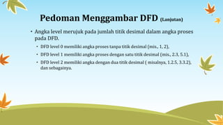 Pedoman Menggambar DFD (Lanjutan)
• Angka level merujuk pada jumlah titik desimal dalam angka proses
pada DFD.
• DFD level 0 memiliki angka proses tanpa titik desimal (mis., 1, 2),
• DFD level 1 memiliki angka proses dengan satu titik desimal (mis., 2.3, 5.1),
• DFD level 2 memiliki angka dengan dua titik desimal ( misalnya, 1.2.5, 3.3.2),
dan sebagainya.
 