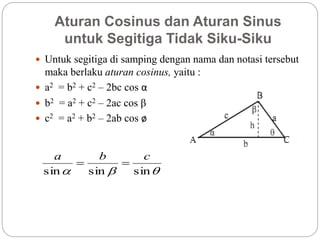 Aturan Cosinus dan Aturan Sinus
untuk Segitiga Tidak Siku-Siku
 Untuk segitiga di samping dengan nama dan notasi tersebut
maka berlaku aturan cosinus, yaitu :
 a2 = b2 + c2 – 2bc cos α
 b2 = a2 + c2 – 2ac cos β
 c2 = a2 + b2 – 2ab cos ø
 sinsinsin
cba

 