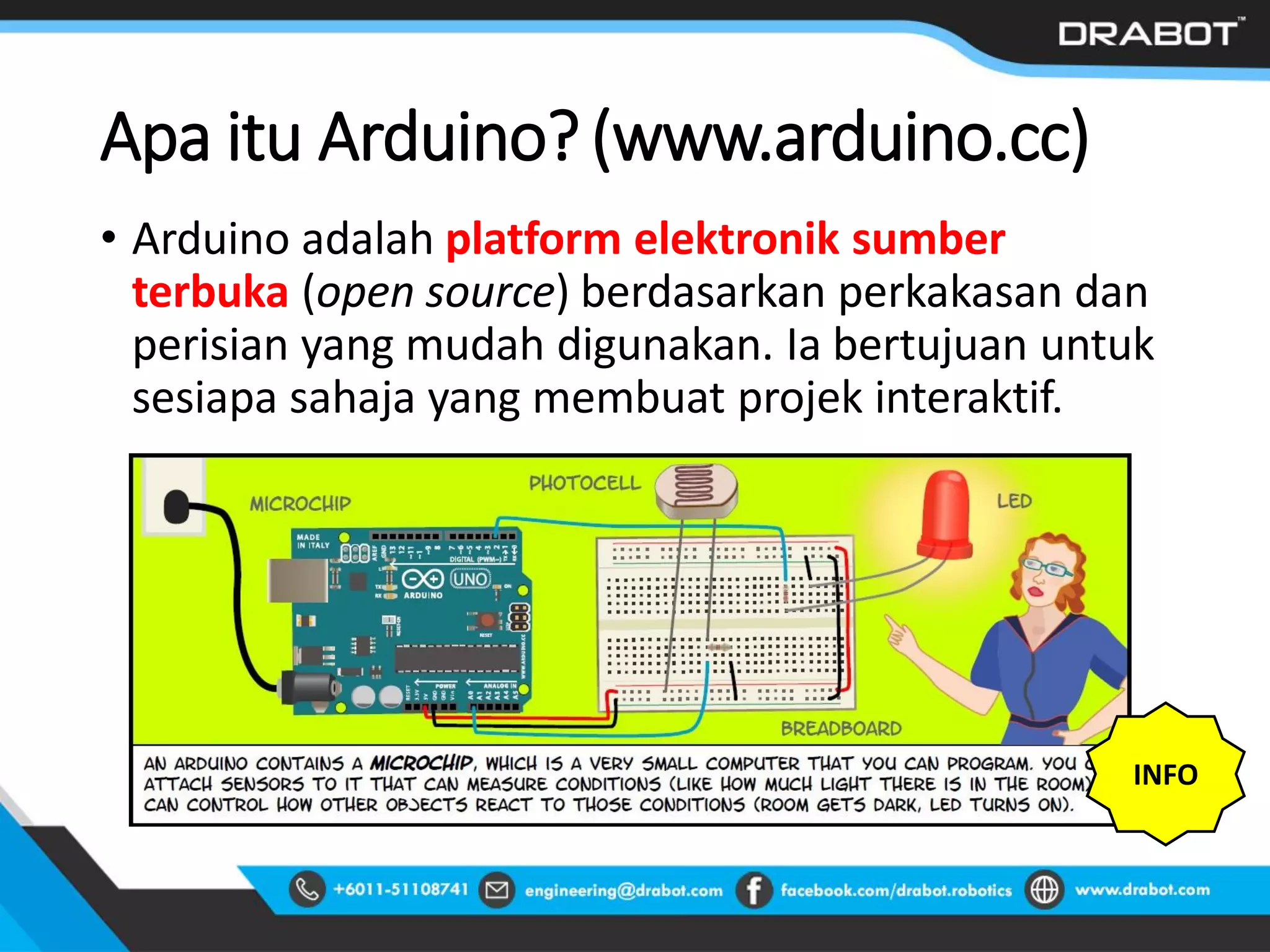 Apa itu Arduino?(www.arduino.cc)
• Arduino adalah platform elektronik sumber
terbuka (open source) berdasarkan perkakasan dan
perisian yang mudah digunakan. Ia bertujuan untuk
sesiapa sahaja yang membuat projek interaktif.
INFO
 