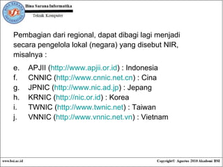 Pembagian dari regional, dapat dibagi lagi menjadi  secara pengelola lokal (negara) yang disebut NIR,  misalnya : APJII ( http://www.apjii.or.id ) : Indonesia CNNIC ( http://www.cnnic.net.cn ) : Cina JPNIC ( http://www.nic.ad.jp ) : Jepang KRNIC ( http://nic.or.id ) : Korea TWNIC ( http://www.twnic.net ) : Taiwan VNNIC ( http://www.vnnic.net.vn ) : Vietnam 