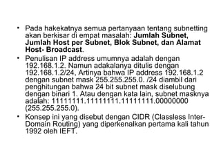 Pada hakekatnya semua pertanyaan tentang subnetting akan berkisar di empat masalah:  Jumlah Subnet, Jumlah Host per Subnet, Blok Subnet, dan Alamat Host- Broadcast . Penulisan IP address umumnya adalah dengan 192.168.1.2. Namun adakalanya ditulis dengan 192.168.1.2/24, Artinya bahwa IP address 192.168.1.2 dengan subnet mask 255.255.255.0. /24 diambil dari penghitungan bahwa 24 bit subnet mask diselubung dengan binari 1. Atau dengan kata lain, subnet masknya adalah: 11111111.11111111.11111111.00000000 (255.255.255.0).  Konsep ini yang disebut dengan CIDR (Classless Inter-Domain Routing) yang diperkenalkan pertama kali tahun 1992 oleh IEFT. 