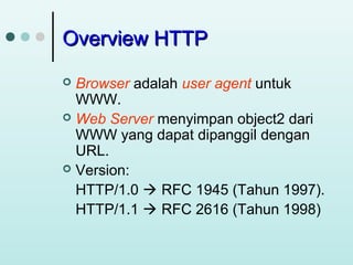Overview HTTP
Browser adalah user agent untuk
WWW.
 Web Server menyimpan object2 dari
WWW yang dapat dipanggil dengan
URL.
 Version:
HTTP/1.0  RFC 1945 (Tahun 1997).
HTTP/1.1  RFC 2616 (Tahun 1998)


 