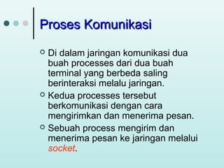 Proses Komunikasi
Di dalam jaringan komunikasi dua
buah processes dari dua buah
terminal yang berbeda saling
berinteraksi melalu jaringan.
 Kedua processes tersebut
berkomunikasi dengan cara
mengirimkan dan menerima pesan.
 Sebuah process mengirim dan
menerima pesan ke jaringan melalui
socket.


 