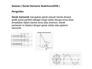 Getaran ( Gerak Harmonis Sederhana/GHS )
Pengertian
Gerak harmonik merupakan gerak sebuah benda dimana
grafik posisi partikel sebagai fungsi waktu berupa sinus (bisa
dinyatakan dalam bentuk sinus atau kosinus). Gerak
semacam ini disebut dengan gerak osilasi atau getaran
harmonik.
 